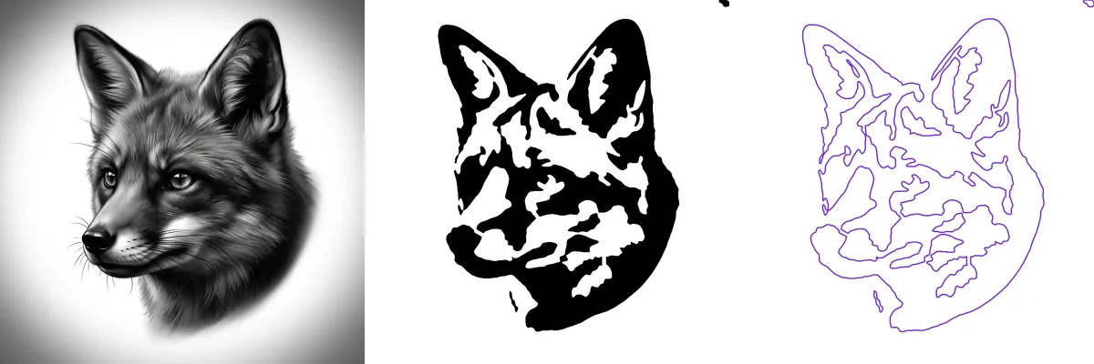 A fox photo, the same fox as a solid stencil with bridges, and the purple cut lines of its SVG file