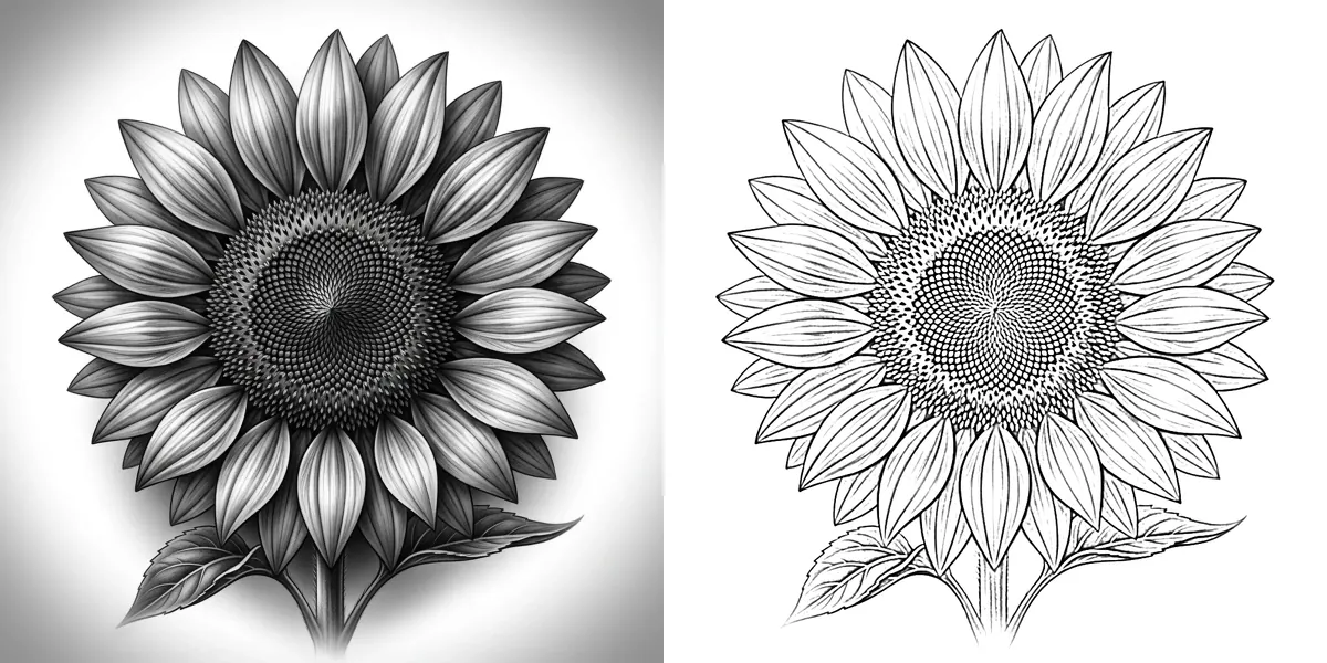 A sunflower photo next to a clean line embroidery pattern of the same sunflower