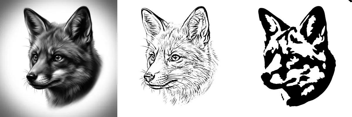 A fox photo, the same fox as a Divide line stencil, and as a Threshold cut-out stencil