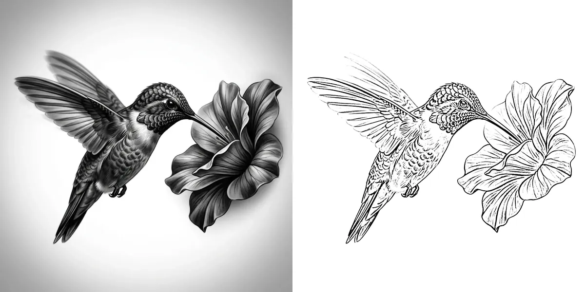 A hummingbird and a flower next to a clean black outline drawing of the same picture