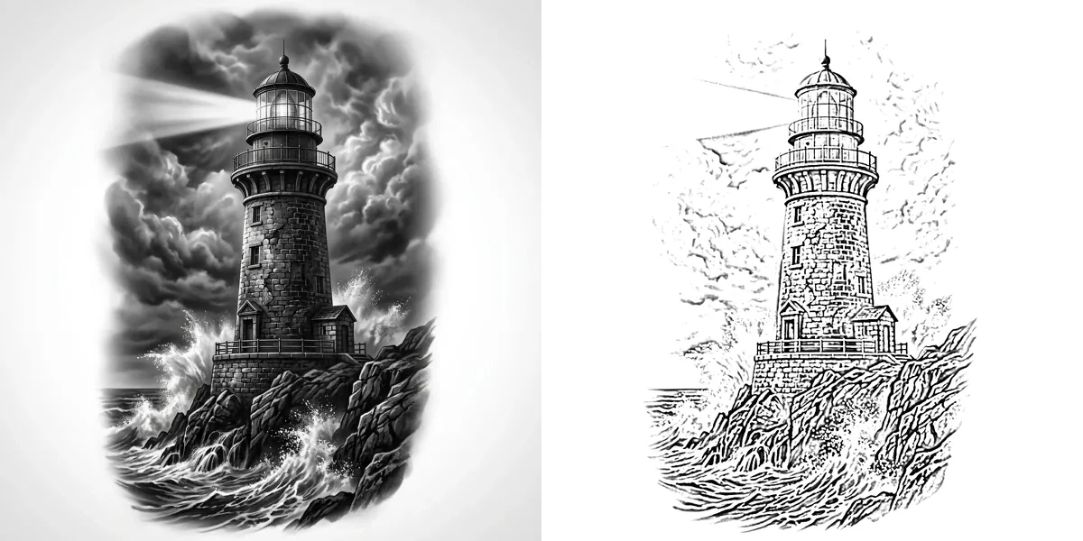 A lighthouse photo next to a clean outline of it, ready to trace onto a canvas