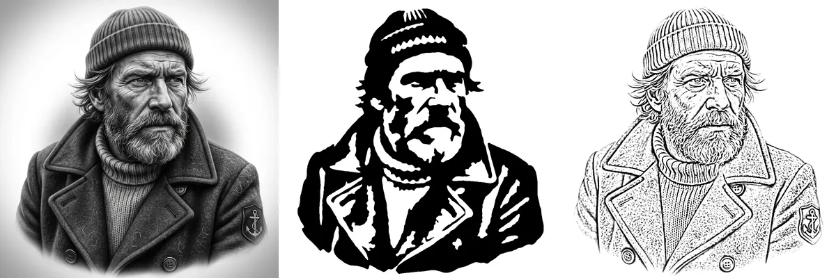 A portrait of a bearded sailor, the same face as a solid black and white stencil, and as a line stencil