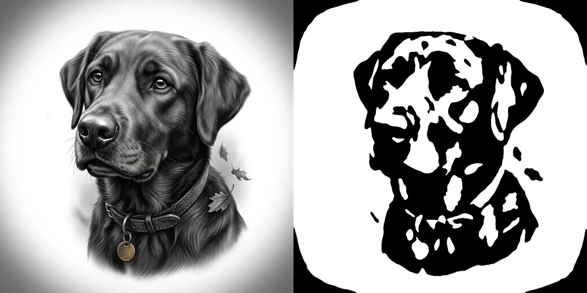 A dog portrait next to the same dog as a black and white pumpkin carving stencil