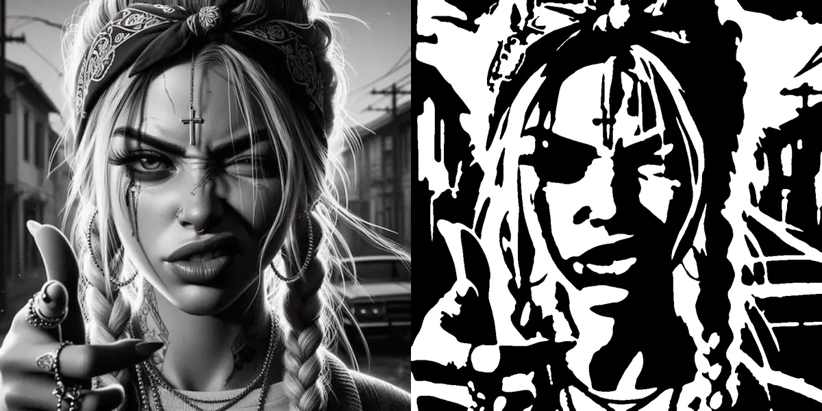 A portrait photo next to a single-layer black and white spray paint stencil of the same face