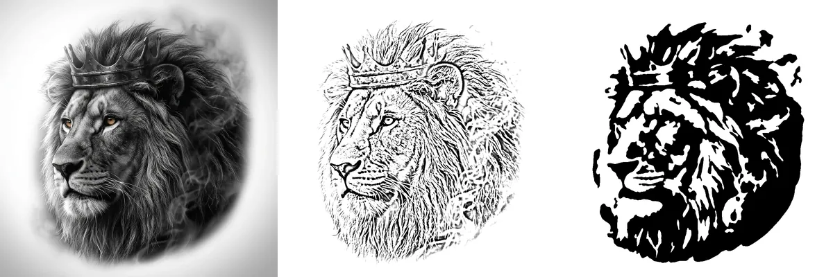 A lion photo, the same lion as a line stencil, and the same lion as a solid cut-out stencil