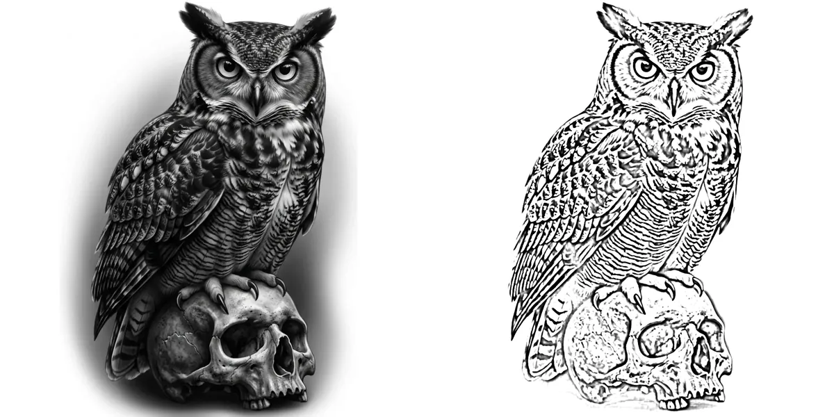 An owl photo next to a black line pattern for wood burning